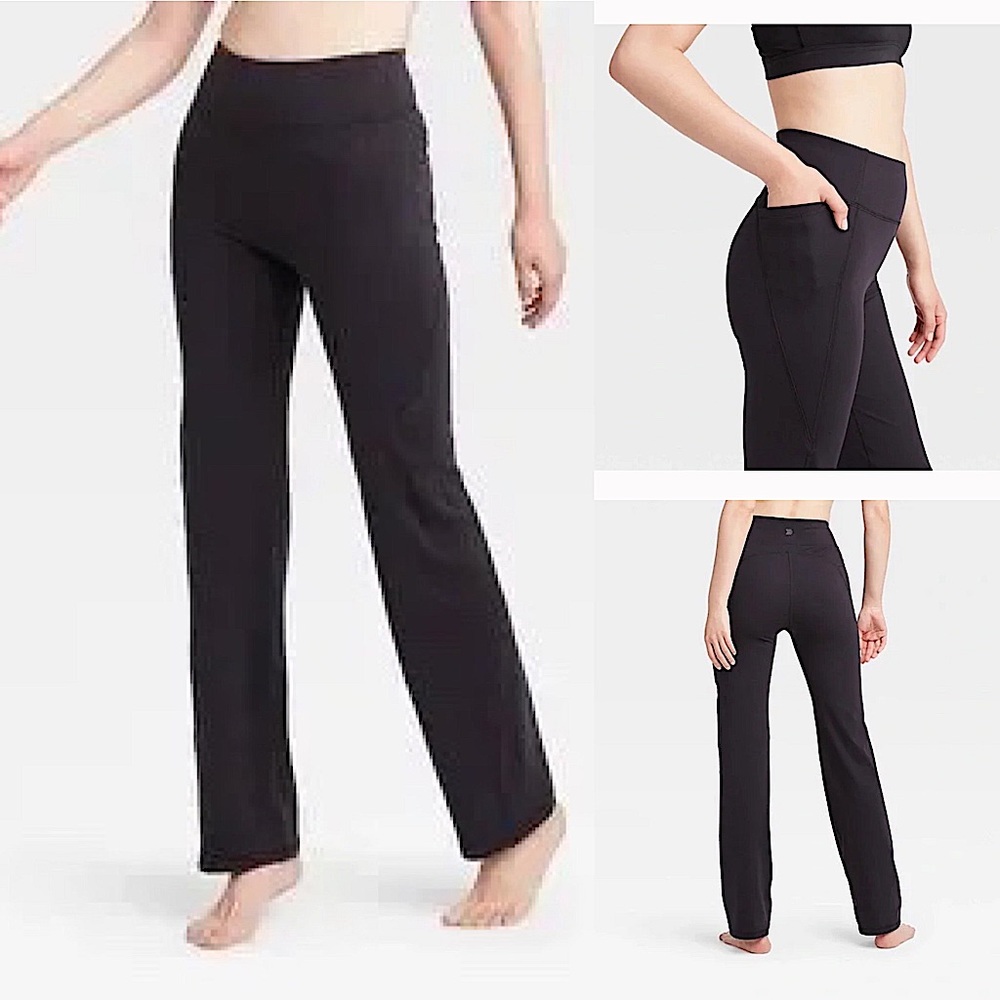 New Women's Contour Power Waist Mid-Rise Straight Leg Pants Black XS Long